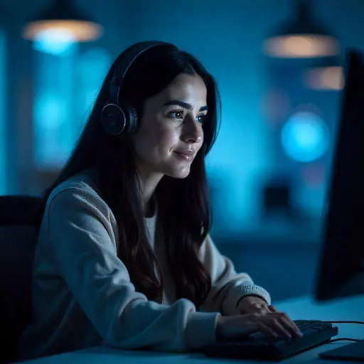 Une femme assise devant un ordinateur, portant un casque audio, travaillant dans un environnement faiblement éclairé avec une ambiance professionnelle et concentrée chez Afrique Academy